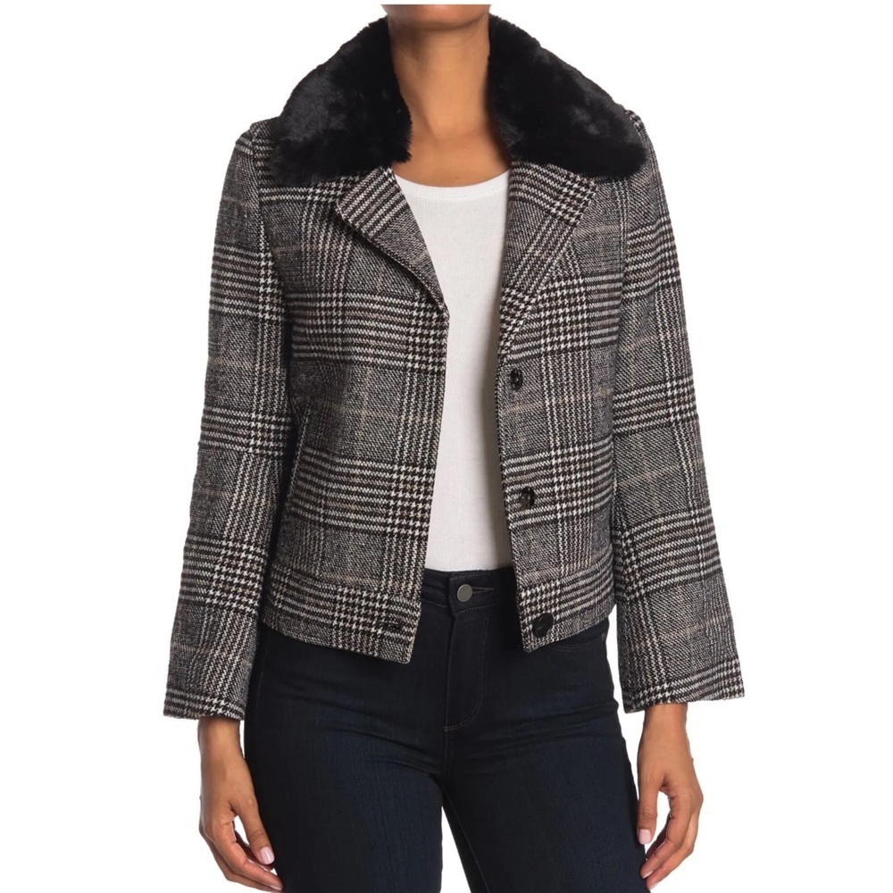 🖤 Plaid Print Faux Fur Collar Jacket Black White